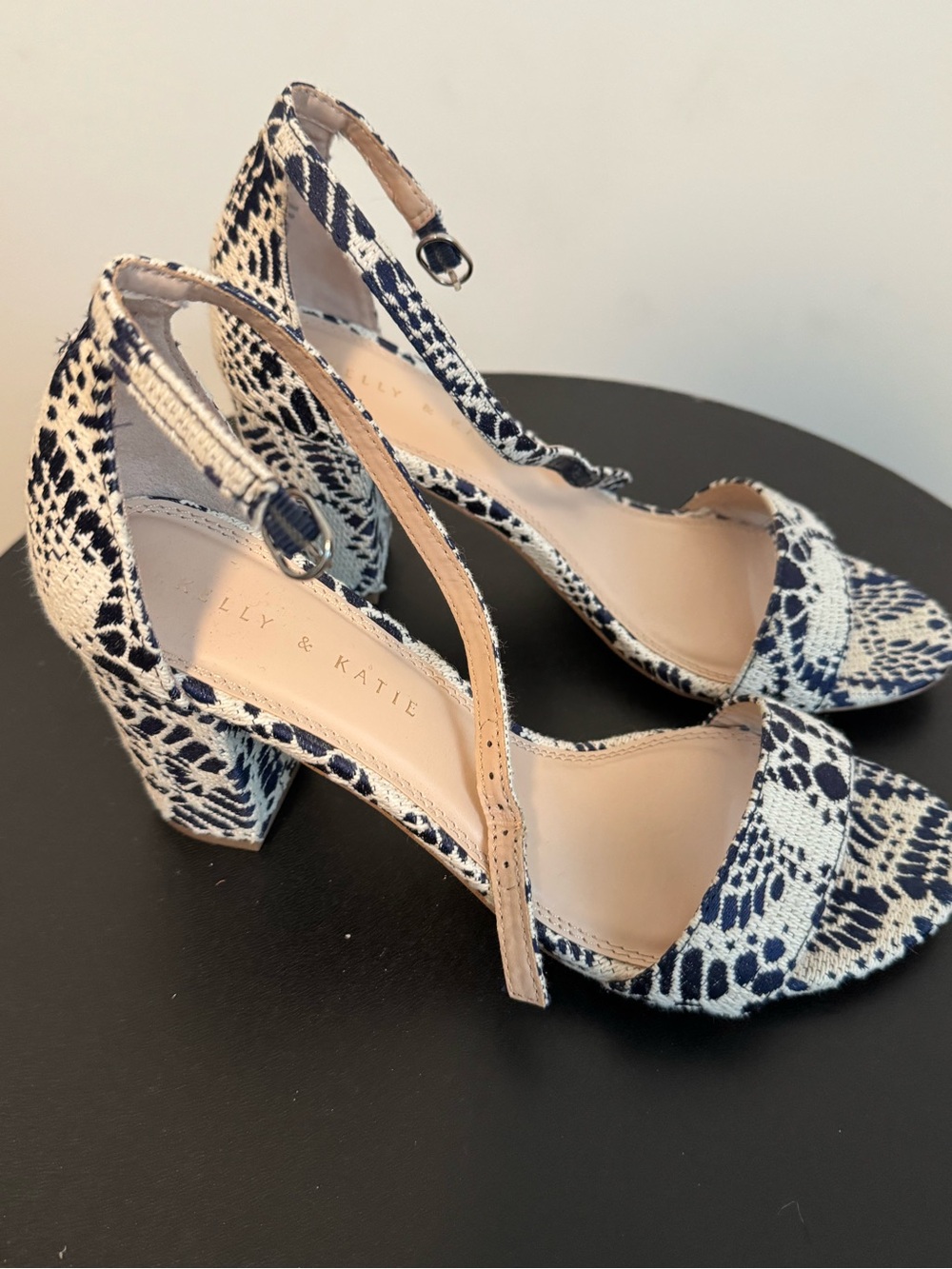 Kelly & Katie Navy and White Patterned Block Heel Sandals